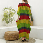 Knitted Style Reggae Pattern Print Silk V-Neck Kaftan Dress