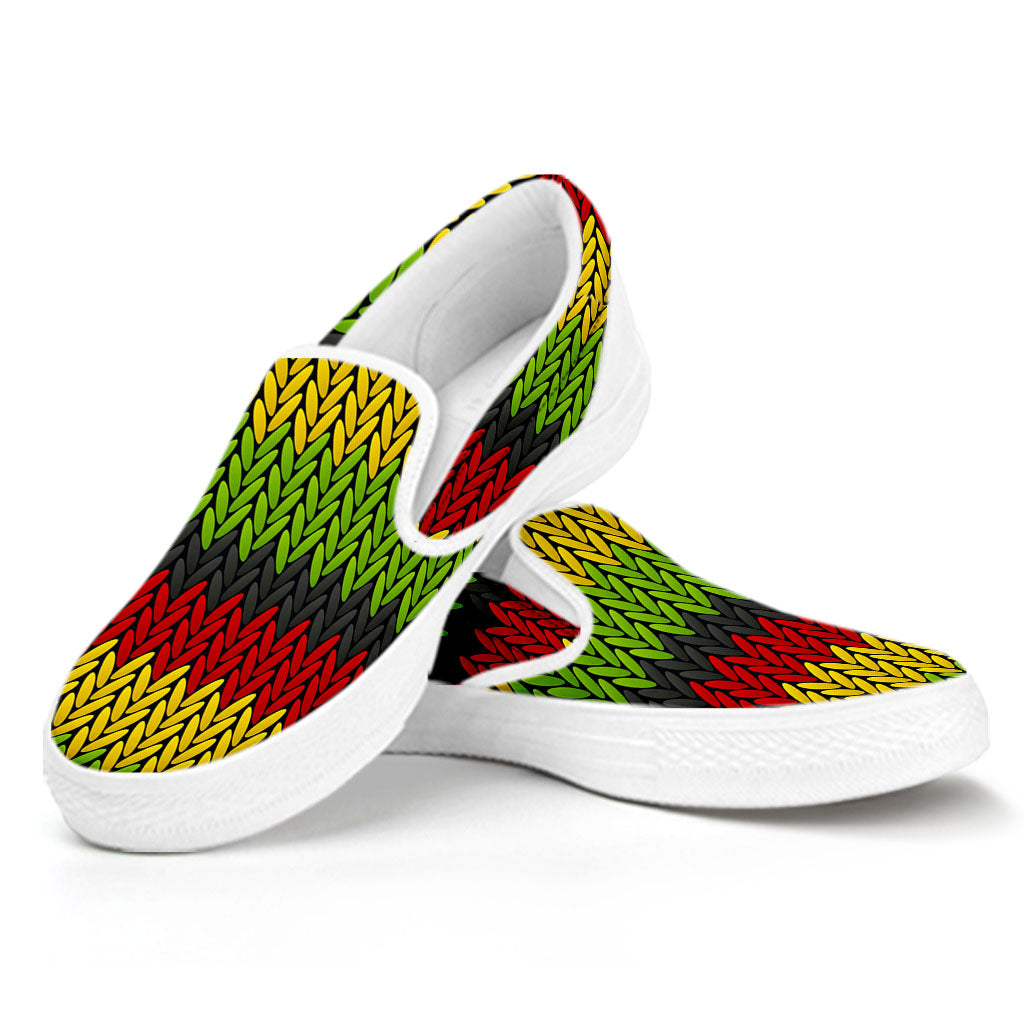 Knitted Style Reggae Pattern Print White Slip On Sneakers