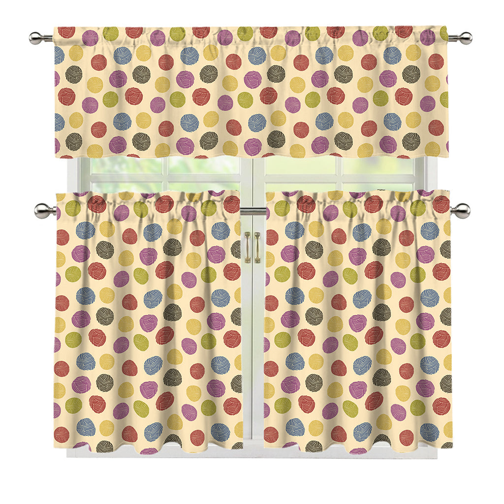 Knitting Yarn Pattern Print 3 Piece Kitchen Curtains