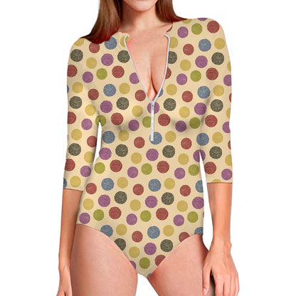 Knitting Yarn Pattern Print Long Sleeve Swimsuit