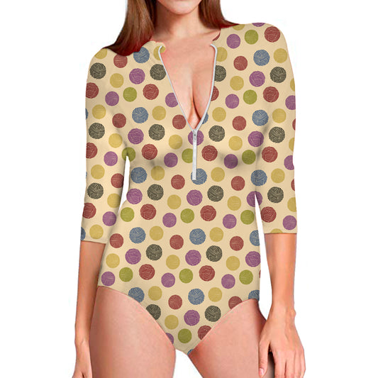 Knitting Yarn Pattern Print Long Sleeve Swimsuit