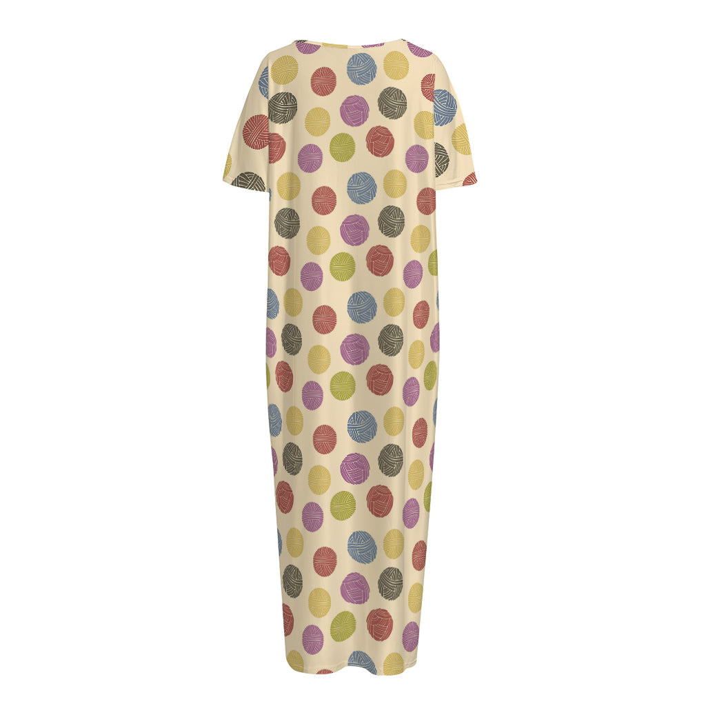 Knitting Yarn Pattern Print Short Sleeve Long Nightdress