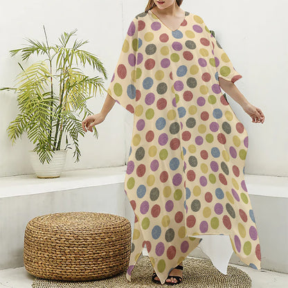 Knitting Yarn Pattern Print Silk V-Neck Kaftan Dress