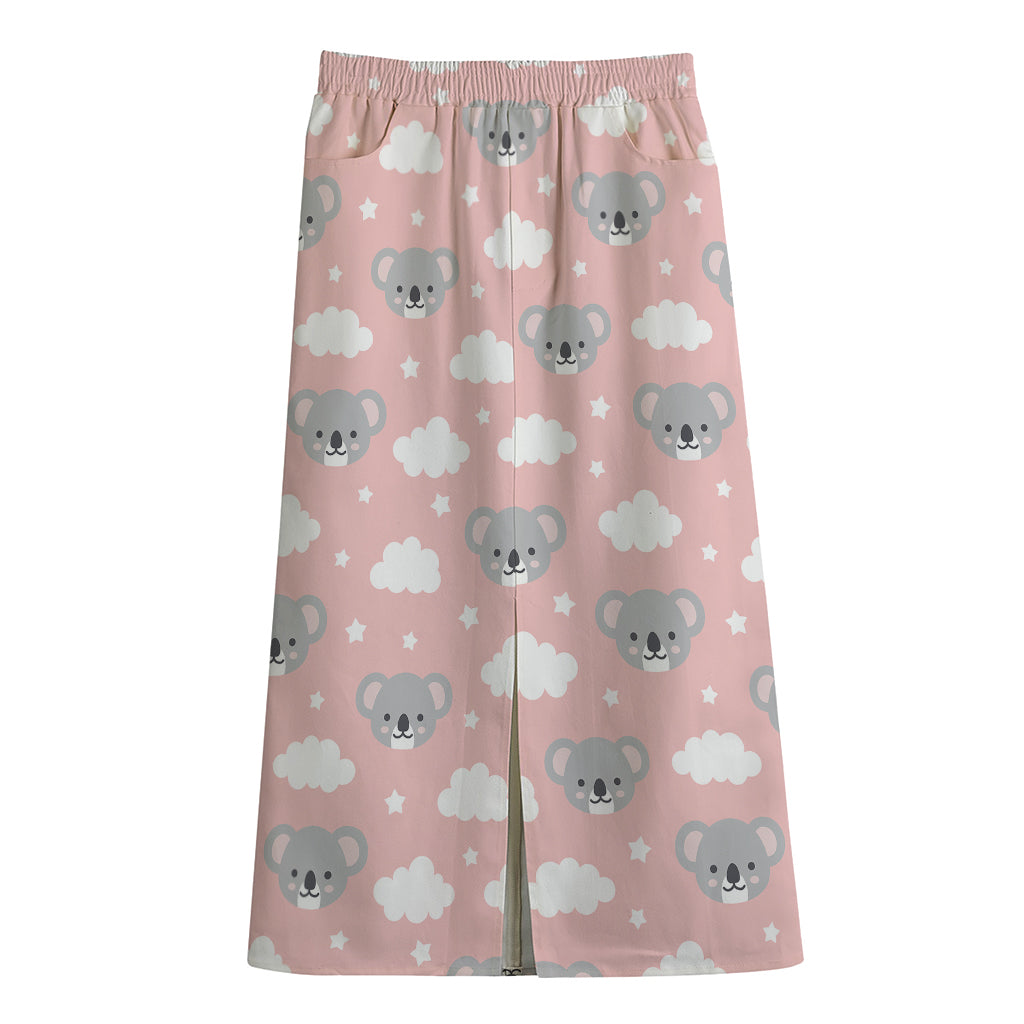 Koala Bear And Cloud Pattern Print Cotton Front Slit Maxi Skirt