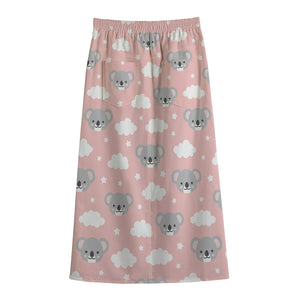 Koala Bear And Cloud Pattern Print Cotton Front Slit Maxi Skirt