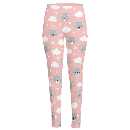 Koala Bear And Cloud Pattern Print High-Waisted Pocket Leggings