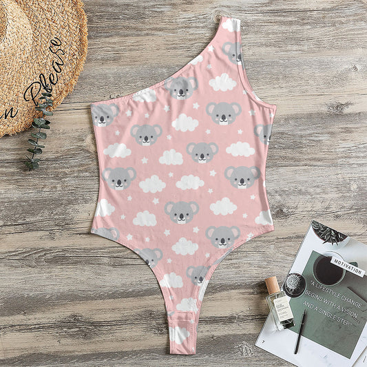 Koala Bear And Cloud Pattern Print One Shoulder Bodysuit