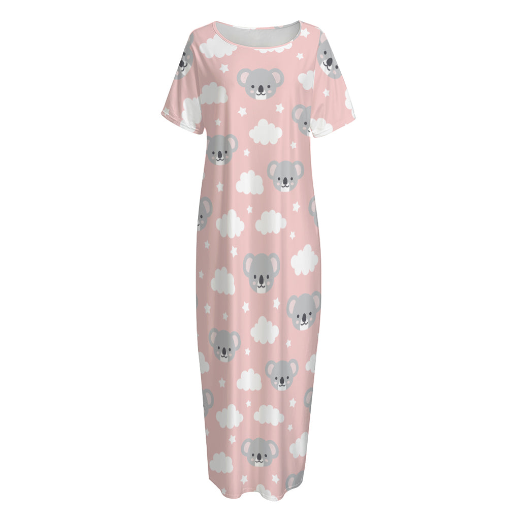 Koala Bear And Cloud Pattern Print Short Sleeve Long Nightdress