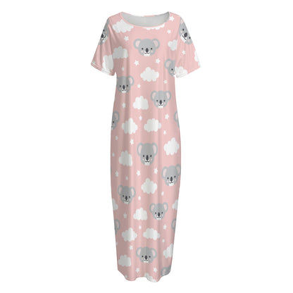 Koala Bear And Cloud Pattern Print Short Sleeve Long Nightdress