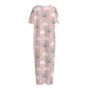 Koala Bear And Cloud Pattern Print Short Sleeve Long Nightdress