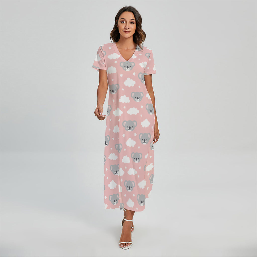 Koala Bear And Cloud Pattern Print Short Sleeve Maxi Dress