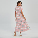 Koala Bear And Cloud Pattern Print Short Sleeve Maxi Dress