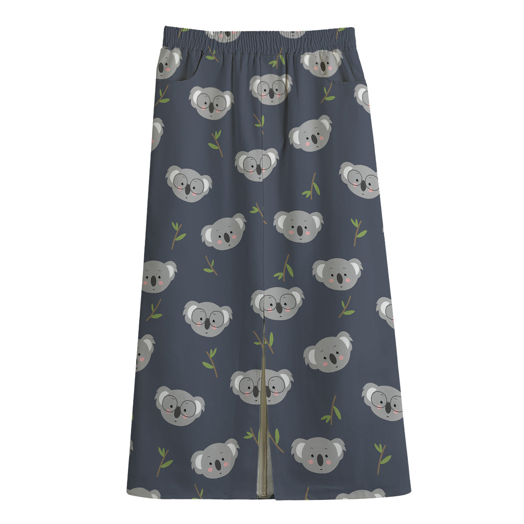 Koala Bear Pattern Print Cotton Front Slit Maxi Skirt