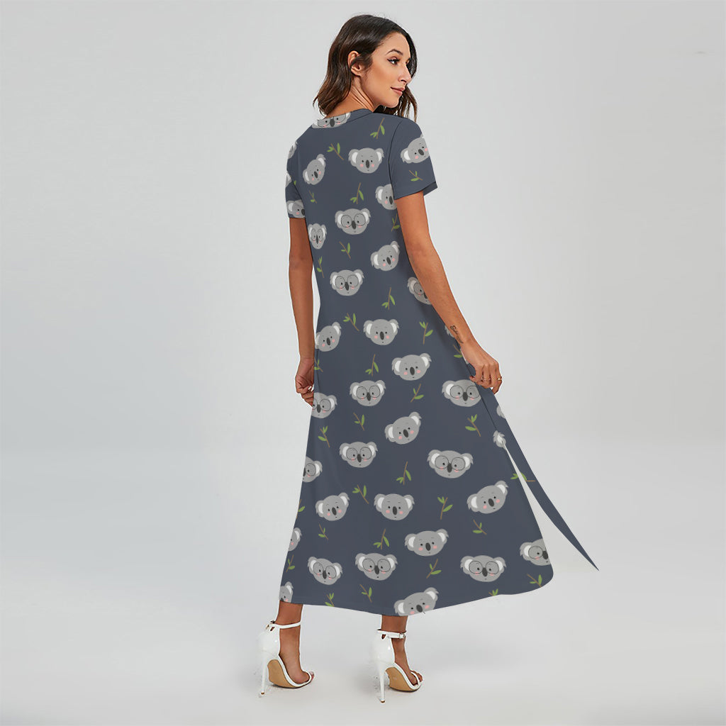 Koala Bear Pattern Print Short Sleeve Maxi Dress