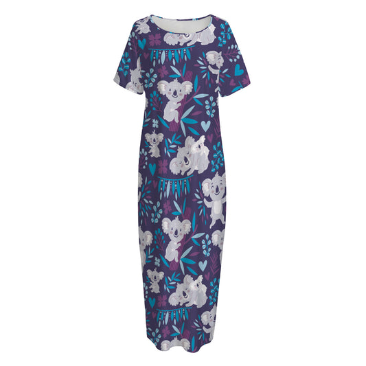 Koala Forest Pattern Print Short Sleeve Long Nightdress