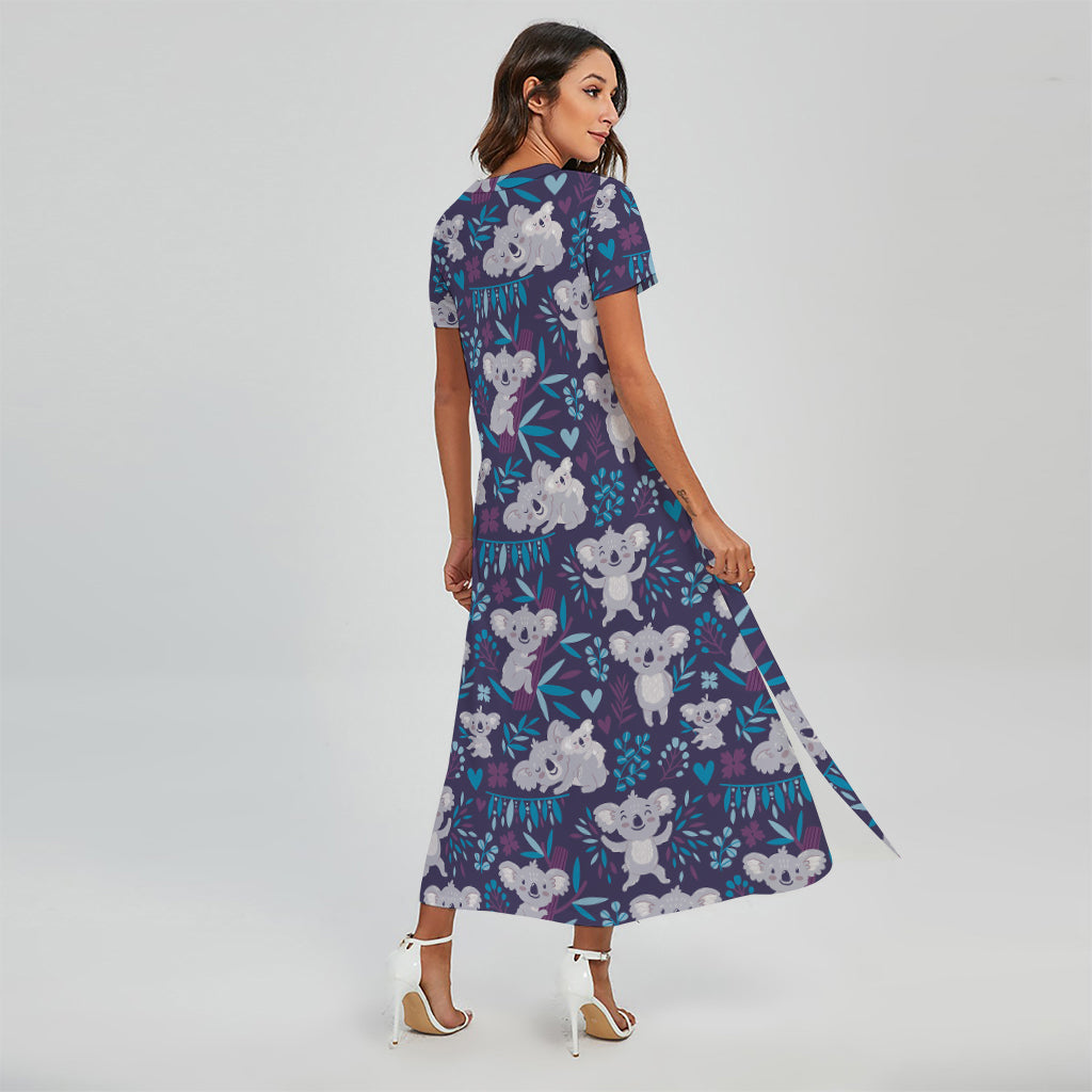 Koala Forest Pattern Print Short Sleeve Maxi Dress