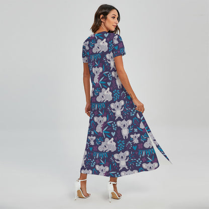 Koala Forest Pattern Print Short Sleeve Maxi Dress