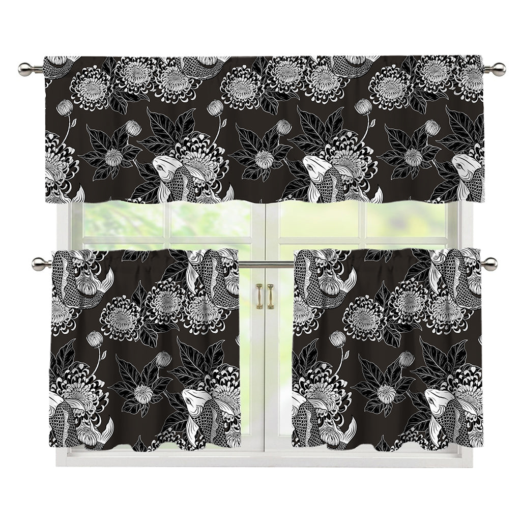 Koi Carp And Chrysanthemum Pattern Print 3 Piece Kitchen Curtains