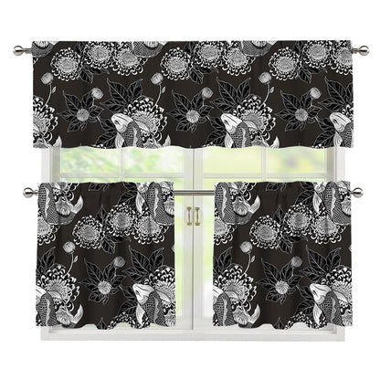 Koi Carp And Chrysanthemum Pattern Print 3 Piece Kitchen Curtains
