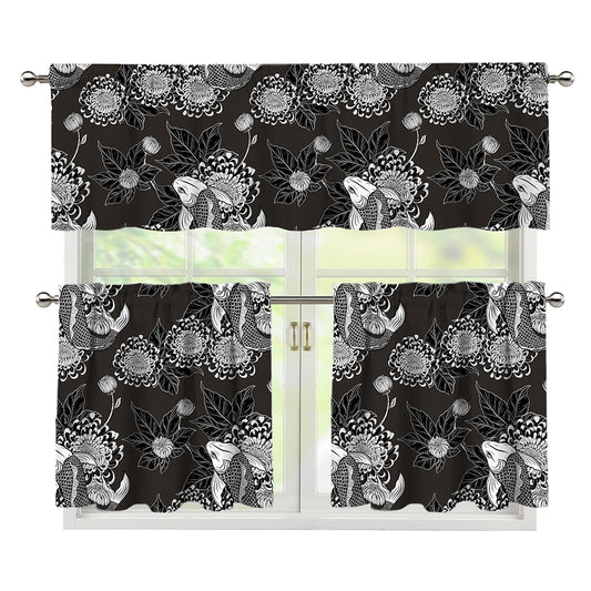 Koi Carp And Chrysanthemum Pattern Print 3 Piece Kitchen Curtains