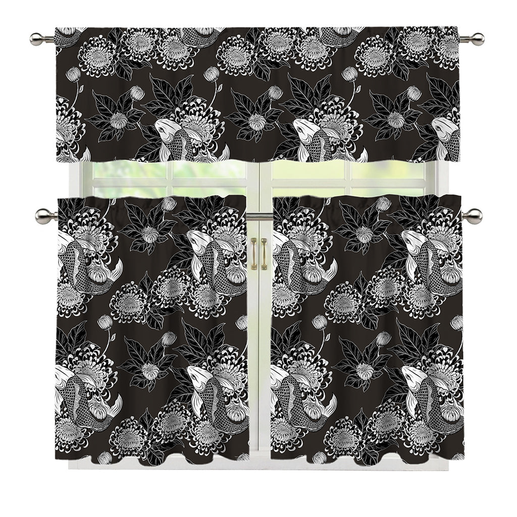 Koi Carp And Chrysanthemum Pattern Print 3 Piece Kitchen Curtains