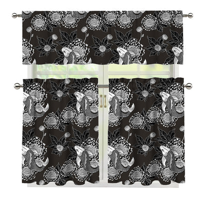 Koi Carp And Chrysanthemum Pattern Print 3 Piece Kitchen Curtains