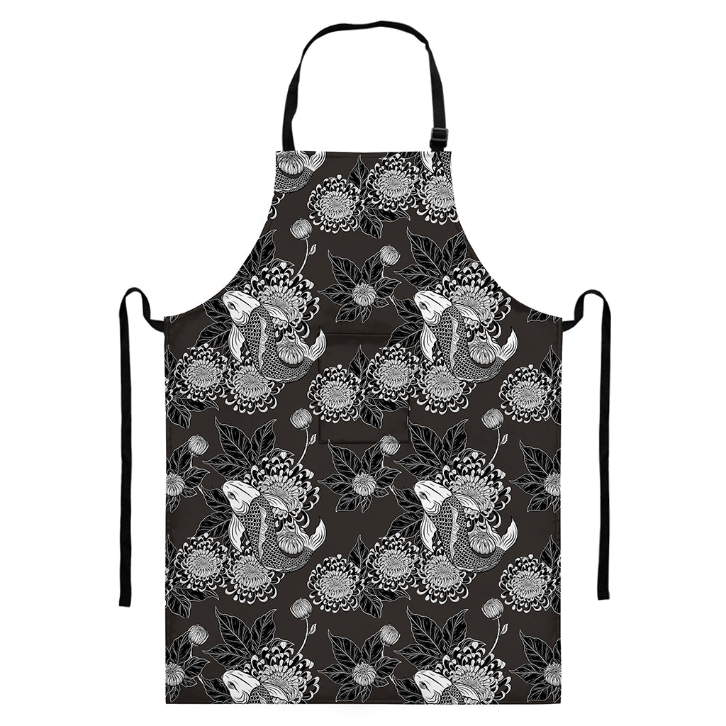 Koi Carp And Chrysanthemum Pattern Print Bib Apron With Pocket