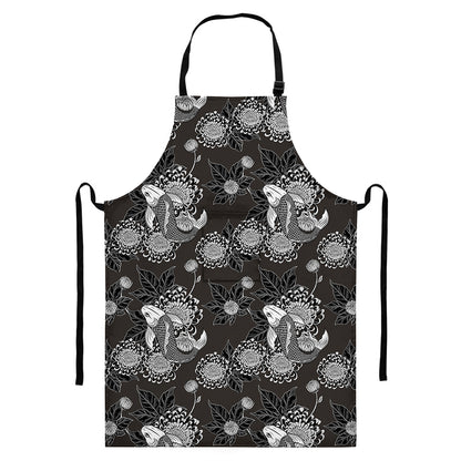 Koi Carp And Chrysanthemum Pattern Print Bib Apron With Pocket