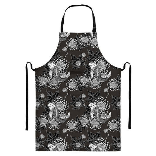 Koi Carp And Chrysanthemum Pattern Print Bib Apron With Pocket