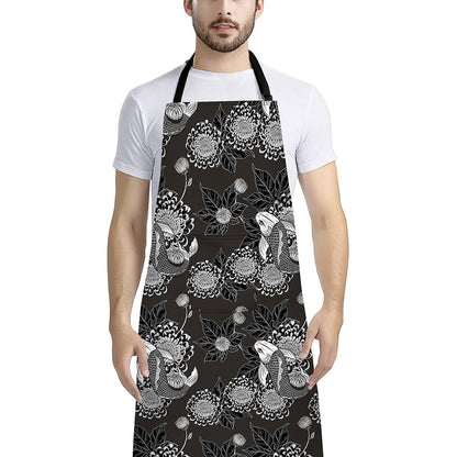 Koi Carp And Chrysanthemum Pattern Print Bib Apron With Pocket