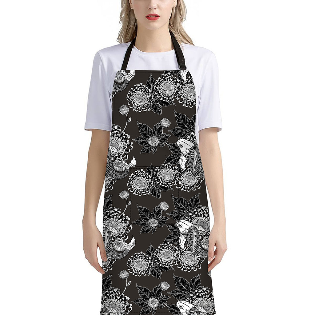 Koi Carp And Chrysanthemum Pattern Print Bib Apron With Pocket