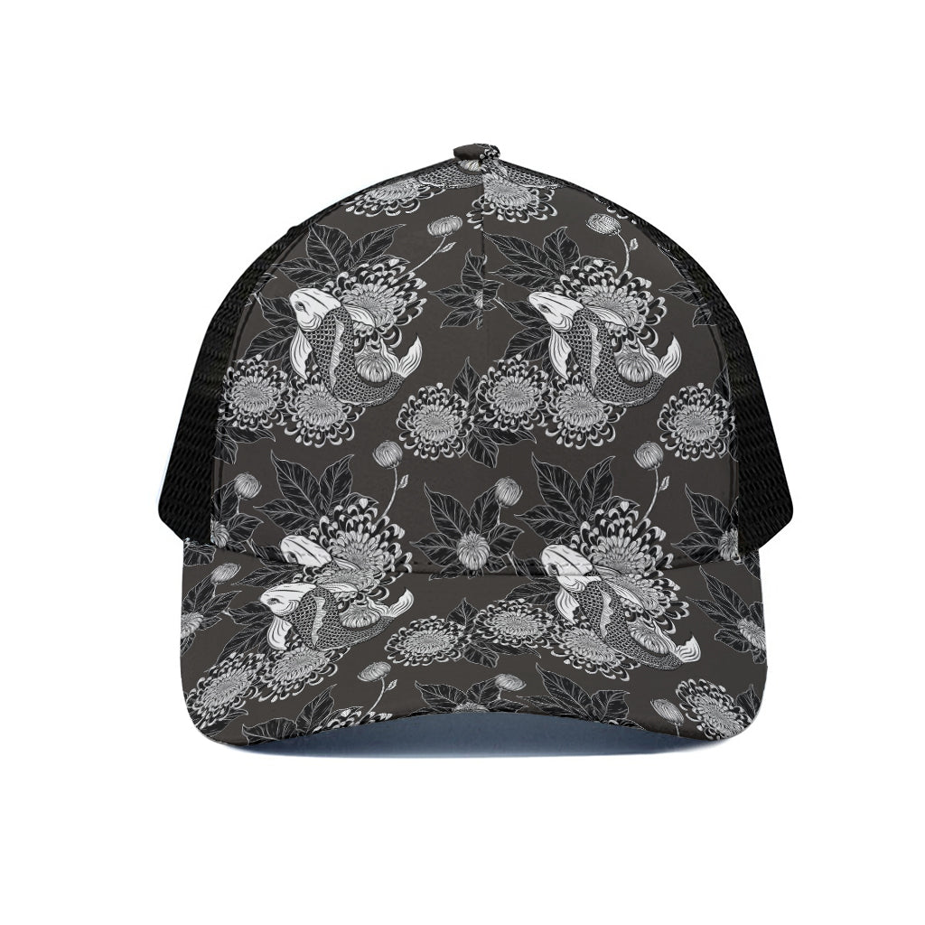 Koi Carp And Chrysanthemum Pattern Print Black Mesh Trucker Cap