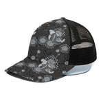 Koi Carp And Chrysanthemum Pattern Print Black Mesh Trucker Cap