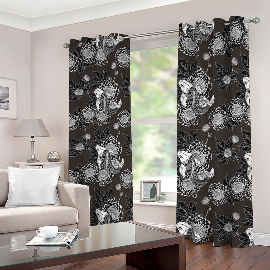 Koi Carp And Chrysanthemum Pattern Print Blackout Grommet Curtains