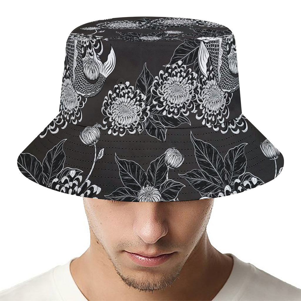 Koi Carp And Chrysanthemum Pattern Print Bucket Hat