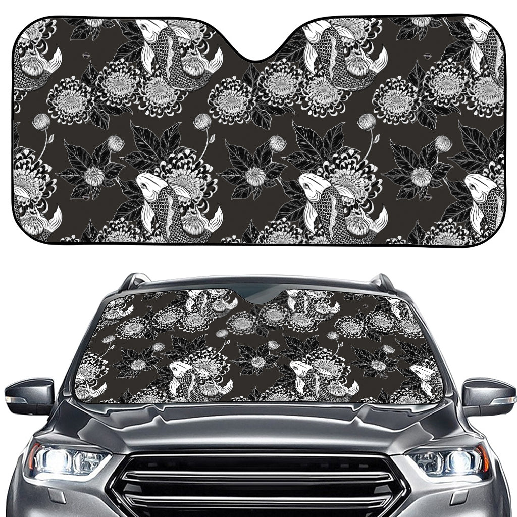 Koi Carp And Chrysanthemum Pattern Print Car Windshield Sun Shade