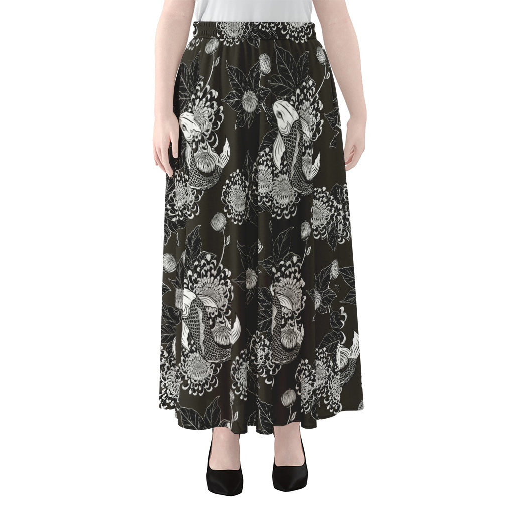 Koi Carp And Chrysanthemum Pattern Print Chiffon Maxi Skirt