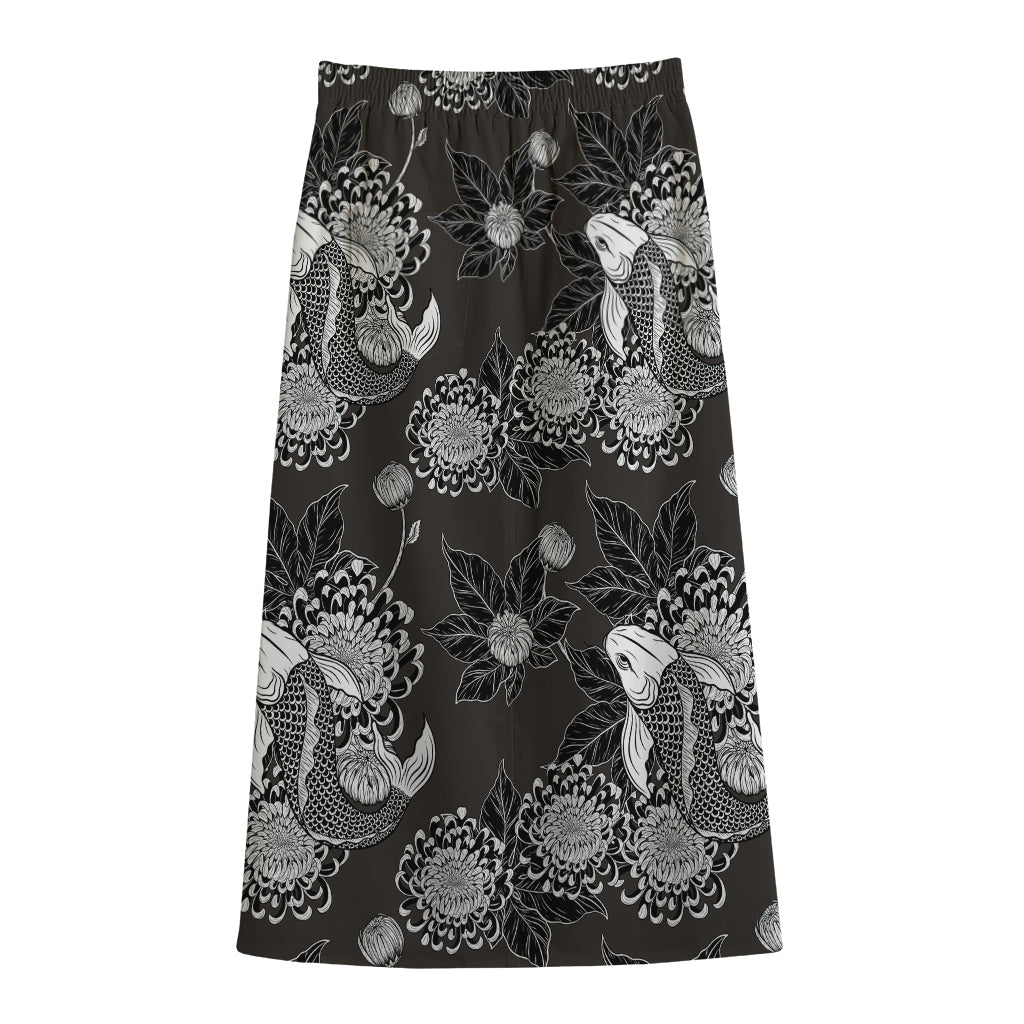 Koi Carp And Chrysanthemum Pattern Print Cotton Front Slit Maxi Skirt