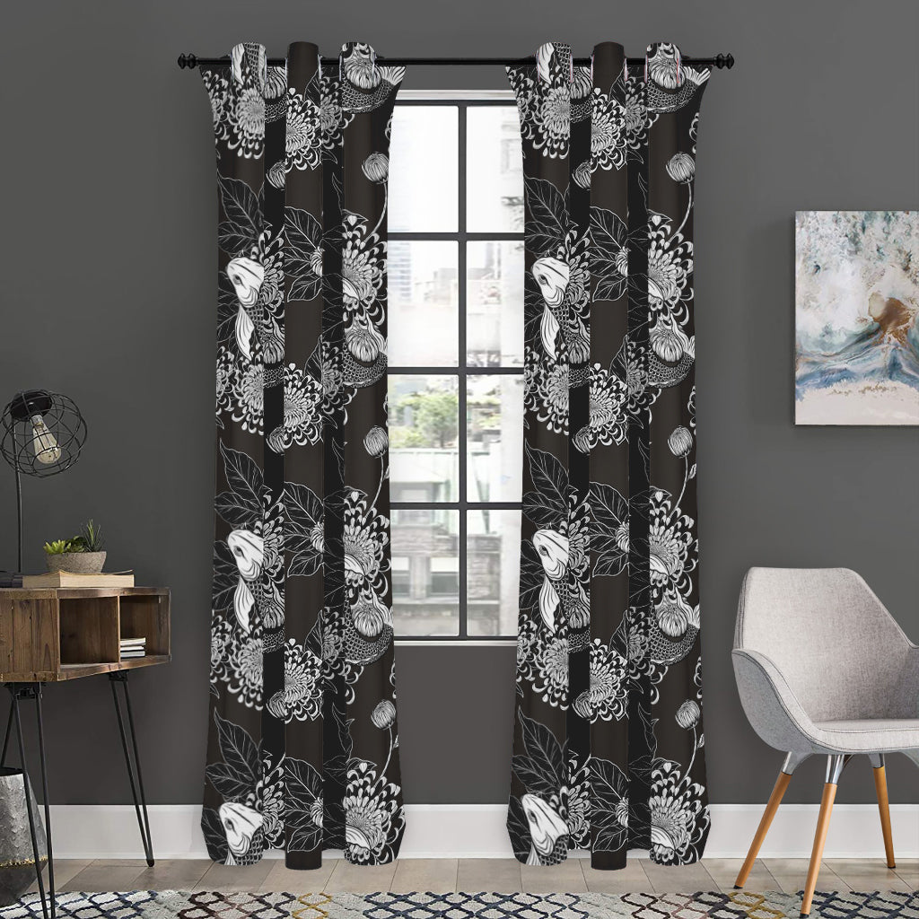 Koi Carp And Chrysanthemum Pattern Print Curtain