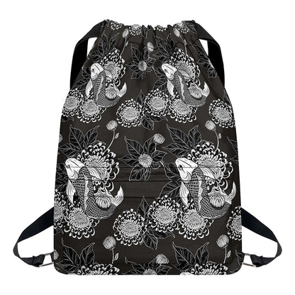 Koi Carp And Chrysanthemum Pattern Print Drawstring Backpack