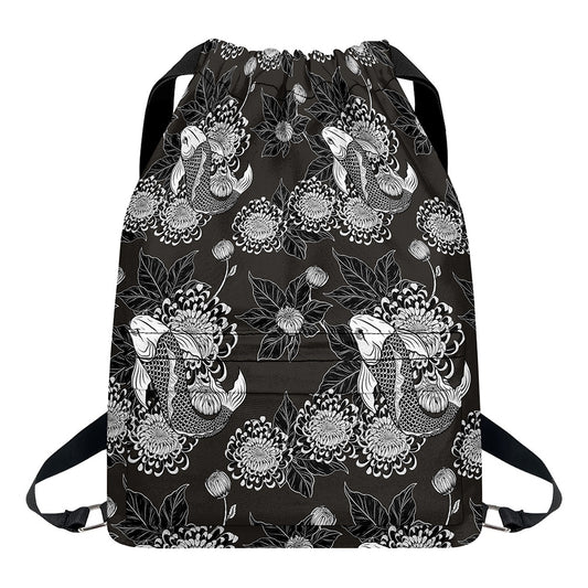 Koi Carp And Chrysanthemum Pattern Print Drawstring Backpack