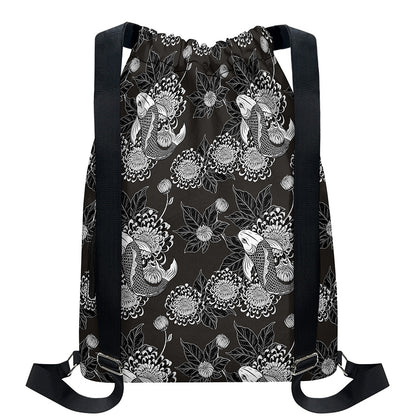 Koi Carp And Chrysanthemum Pattern Print Drawstring Backpack