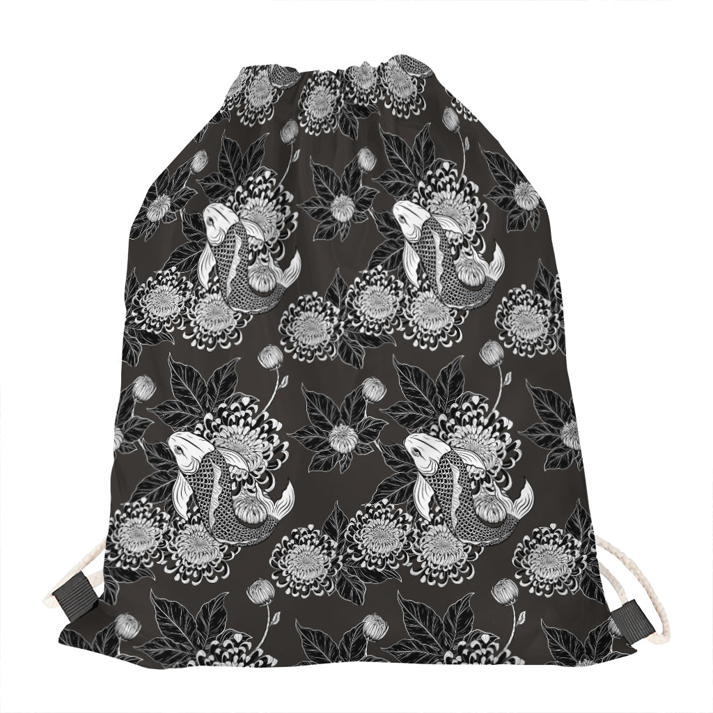 Koi Carp And Chrysanthemum Pattern Print Drawstring Bag