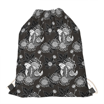 Koi Carp And Chrysanthemum Pattern Print Drawstring Bag