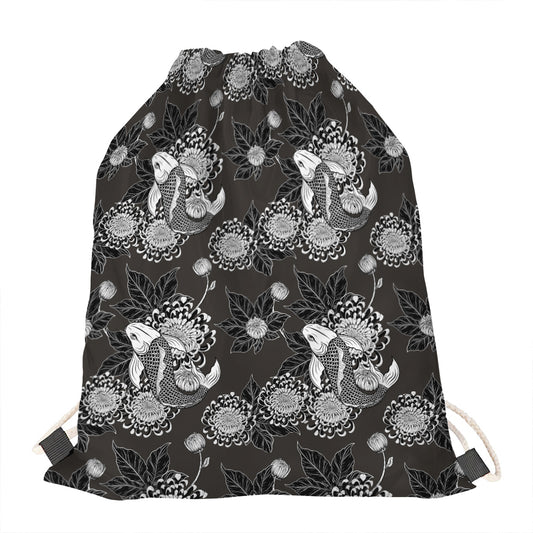 Koi Carp And Chrysanthemum Pattern Print Drawstring Bag