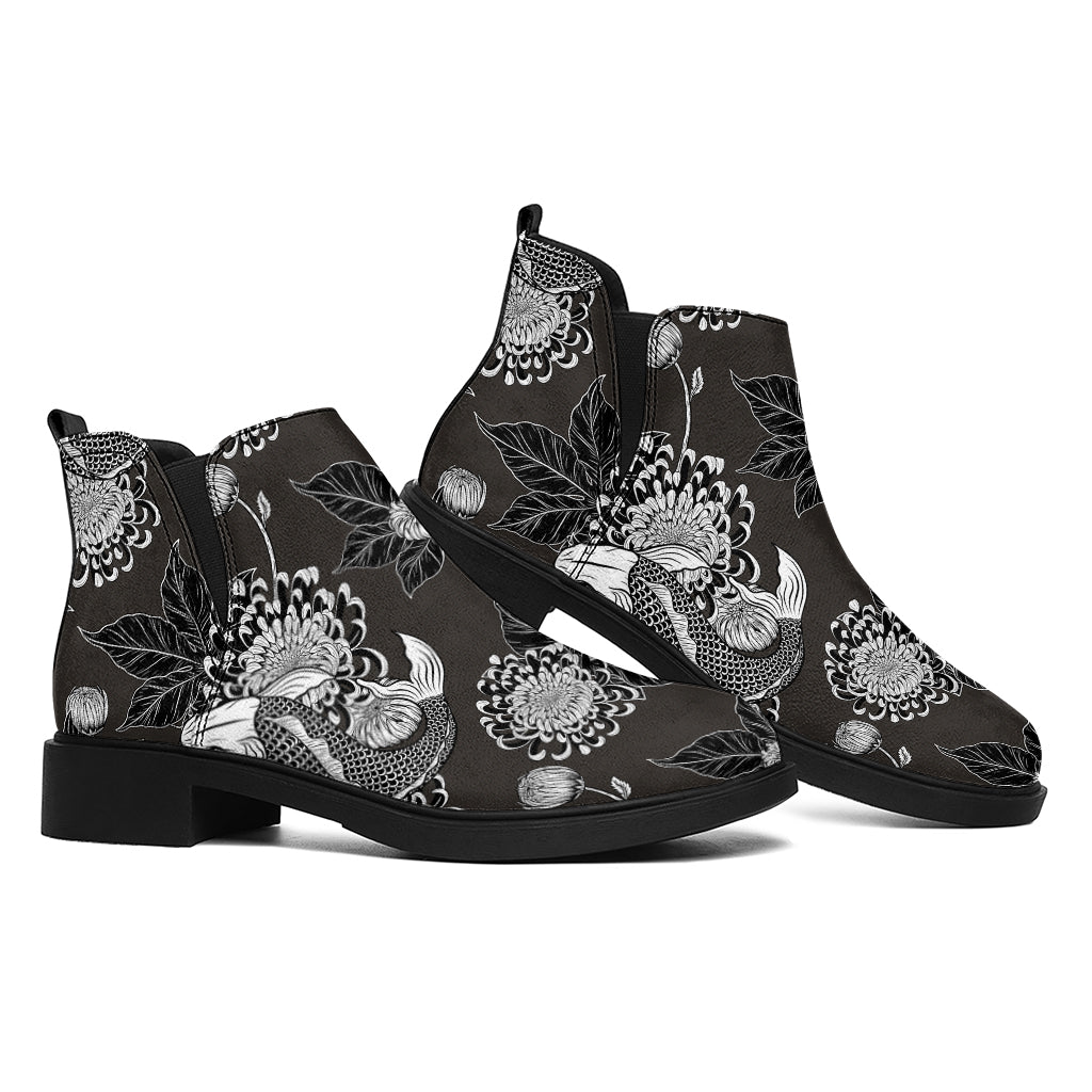 Koi Carp And Chrysanthemum Pattern Print Flat Ankle Boots