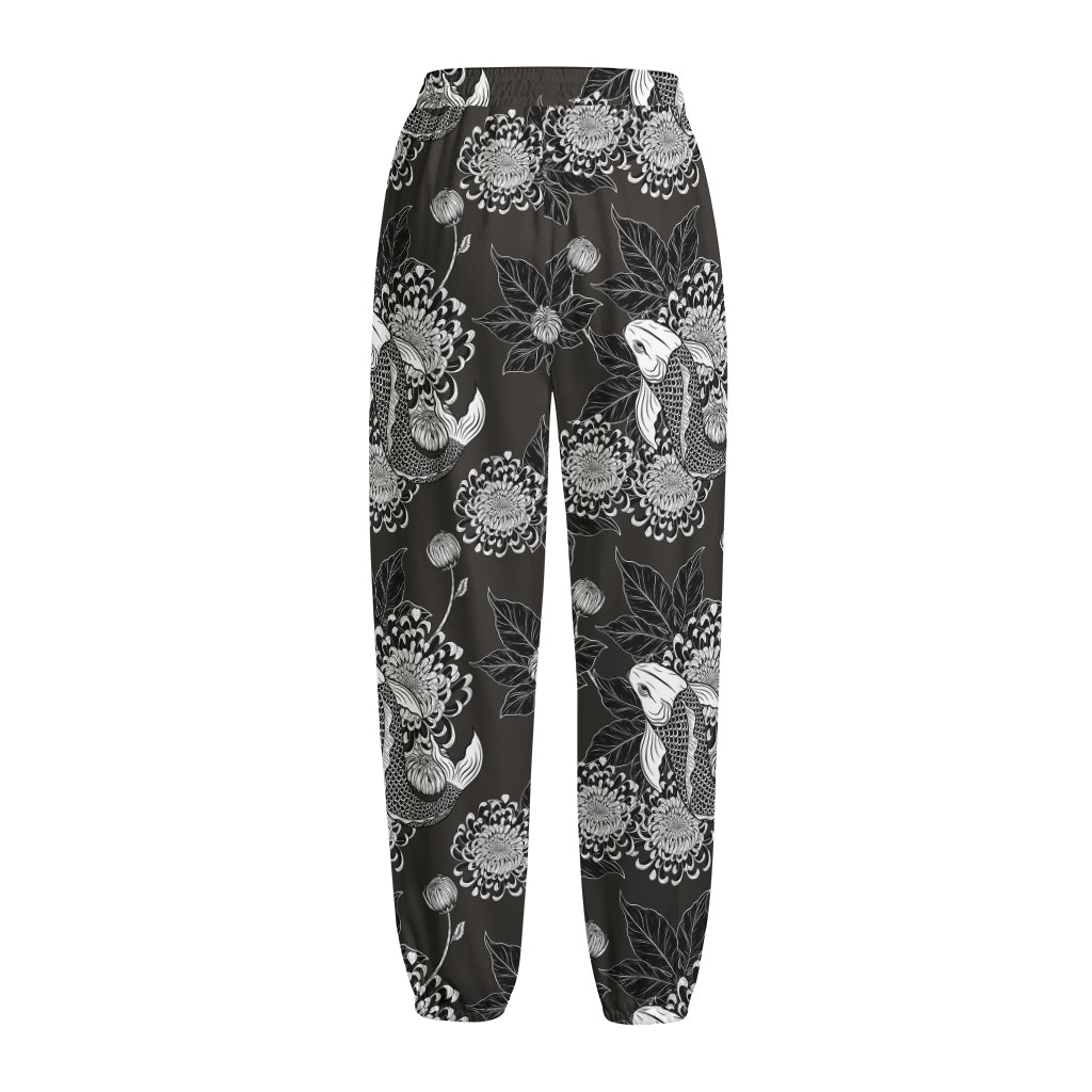 Koi Carp And Chrysanthemum Pattern Print Fleece Lined Knit Pants