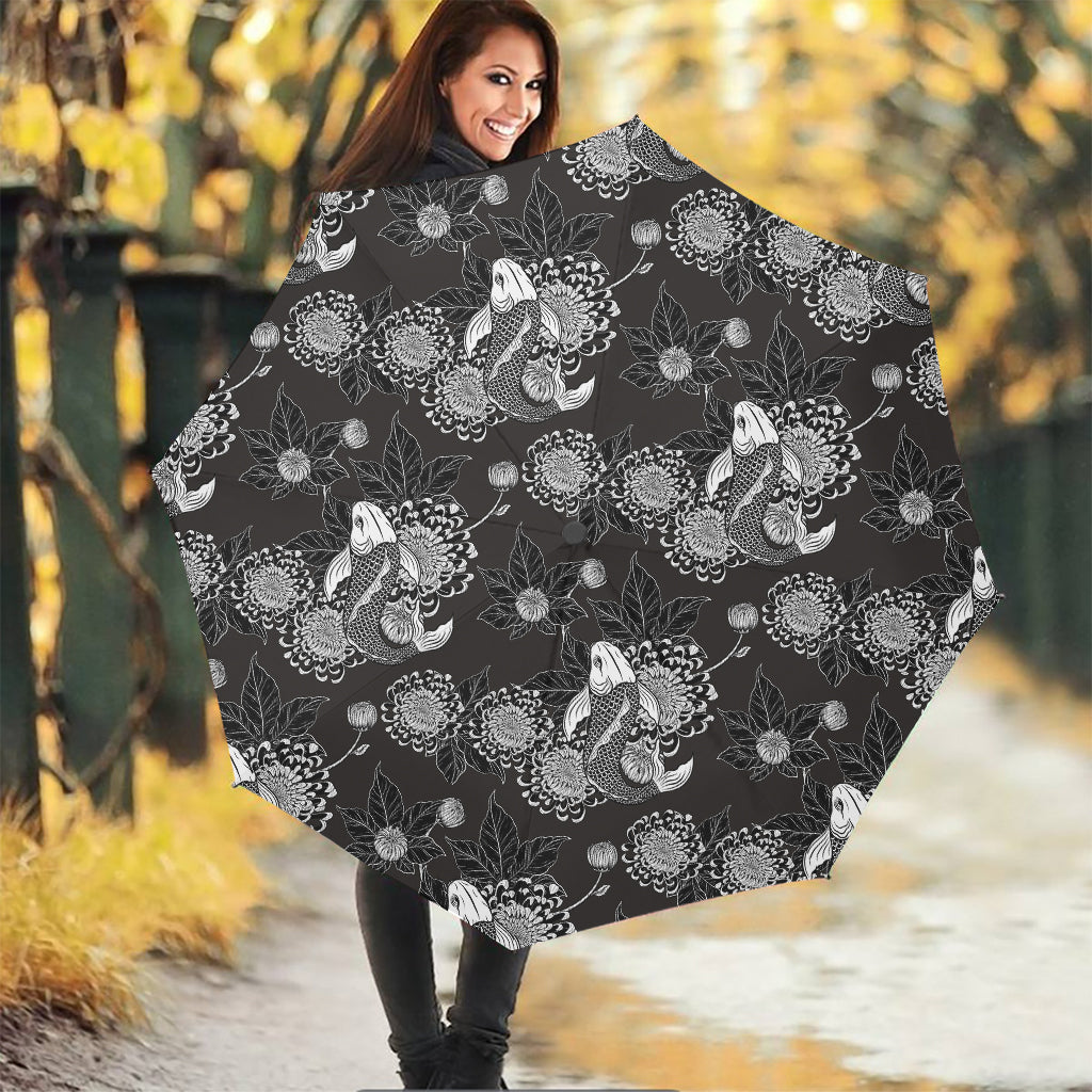 Koi Carp And Chrysanthemum Pattern Print Foldable Umbrella