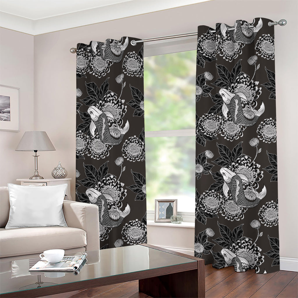 Koi Carp And Chrysanthemum Pattern Print Grommet Curtains