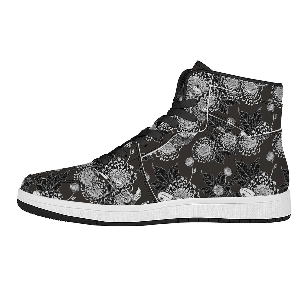 Koi Carp And Chrysanthemum Pattern Print High Top Leather Sneakers